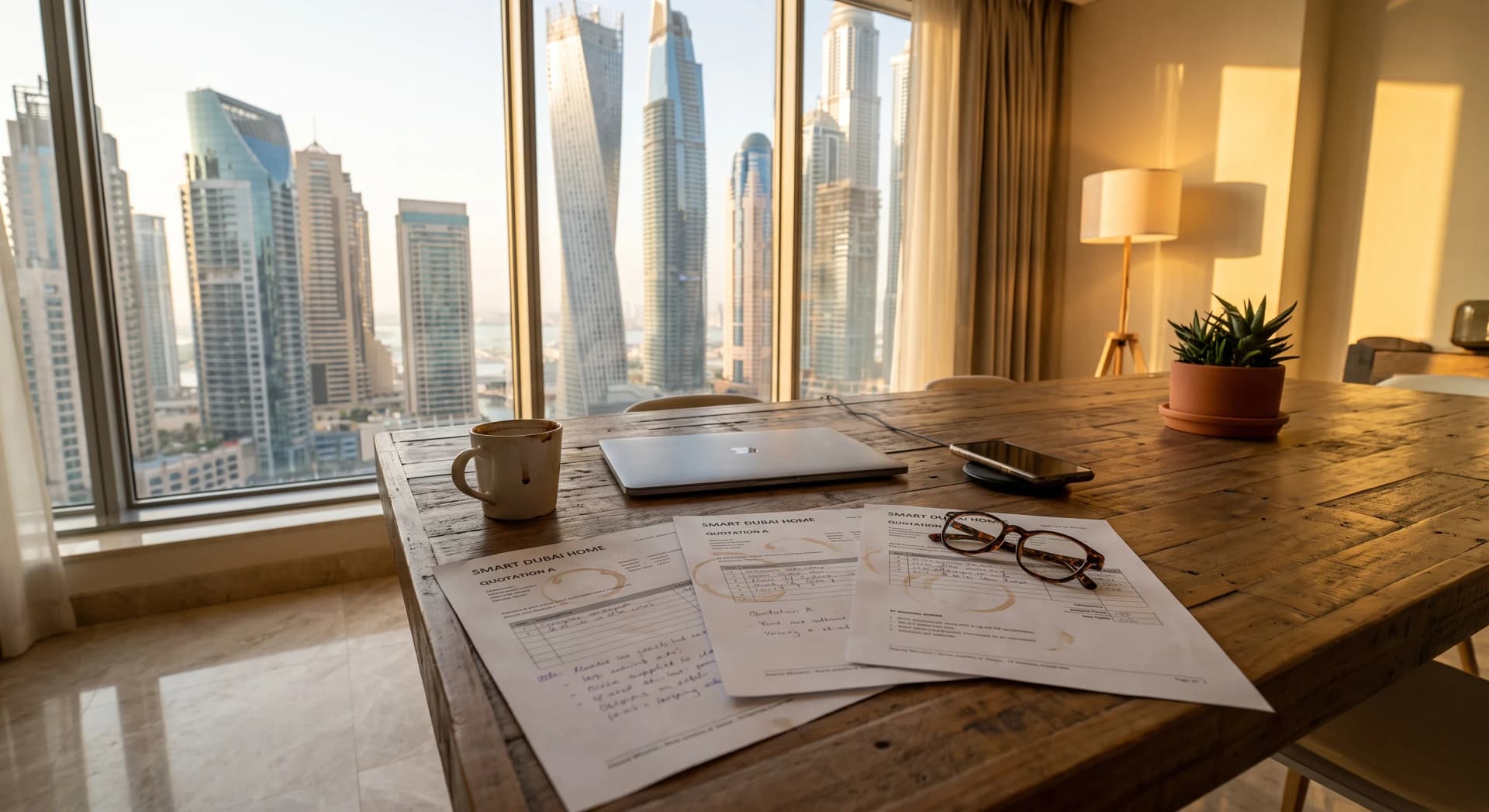A Dubai apartment dining table at golden hour with three printed smart home quotations spread out next to a laptop and a cup of coffee, floor-to-ceiling windows showing the Marina skyline in the background