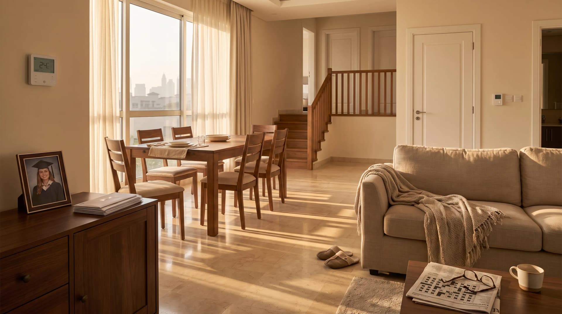A lived-in Dubai villa living and dining area at golden hour, with a six-seat dining table set for only two people, four unused chairs pushed in, a framed graduation photograph on the sideboard, a staircase leading to closed bedroom doors, a wall-mounted smart AC controller reading 24 degrees, reading glasses on a half-finished crossword, and a single coffee cup, no people