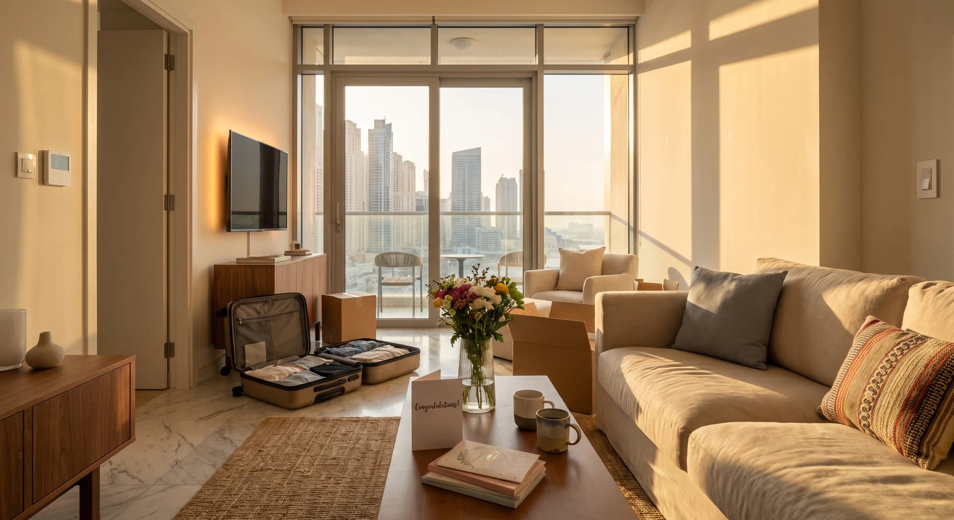 A newly married couple's lived-in Dubai apartment living room at golden hour, two suitcases half unpacked by the sofa, mismatched decor still being merged, a wall-mounted smart AC controller, a Philips Hue light strip behind the TV, a coffee table with two mugs and a stack of wedding cards, marina skyline through the window, no people visible