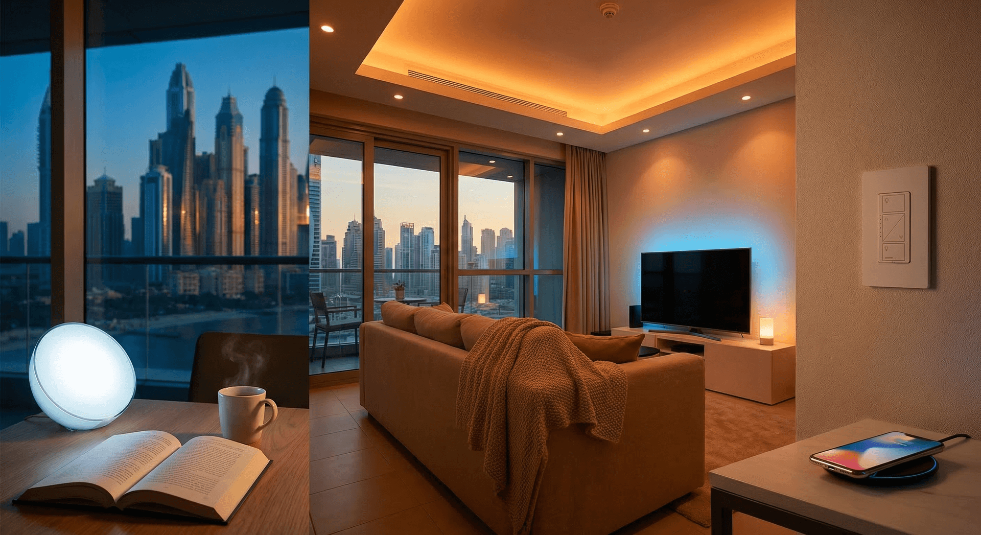Dubai apartment living room with three distinct smart lighting scenes at golden hour