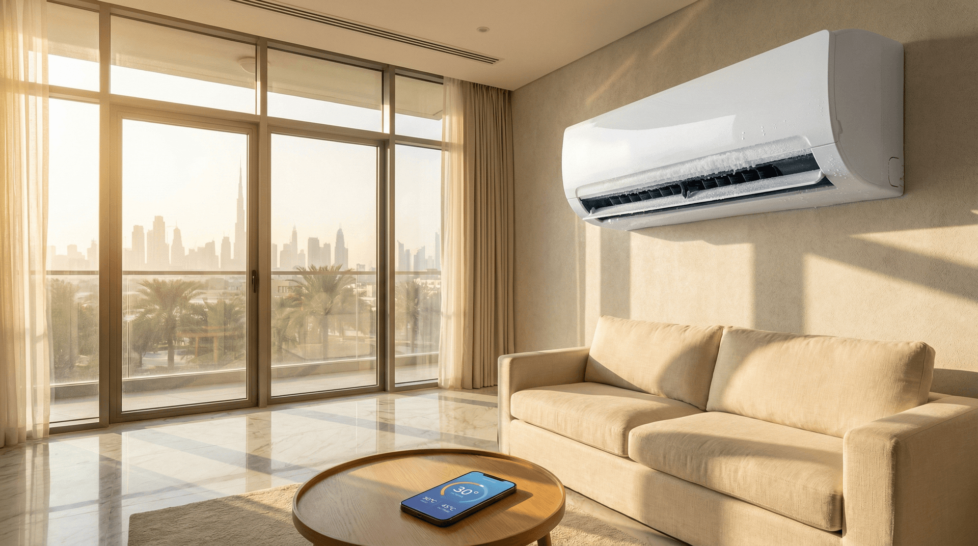 A modern white split AC unit on a Dubai apartment wall with condensation on the vents, warm afternoon sunlight through floor-to-ceiling windows showing a hazy Dubai skyline