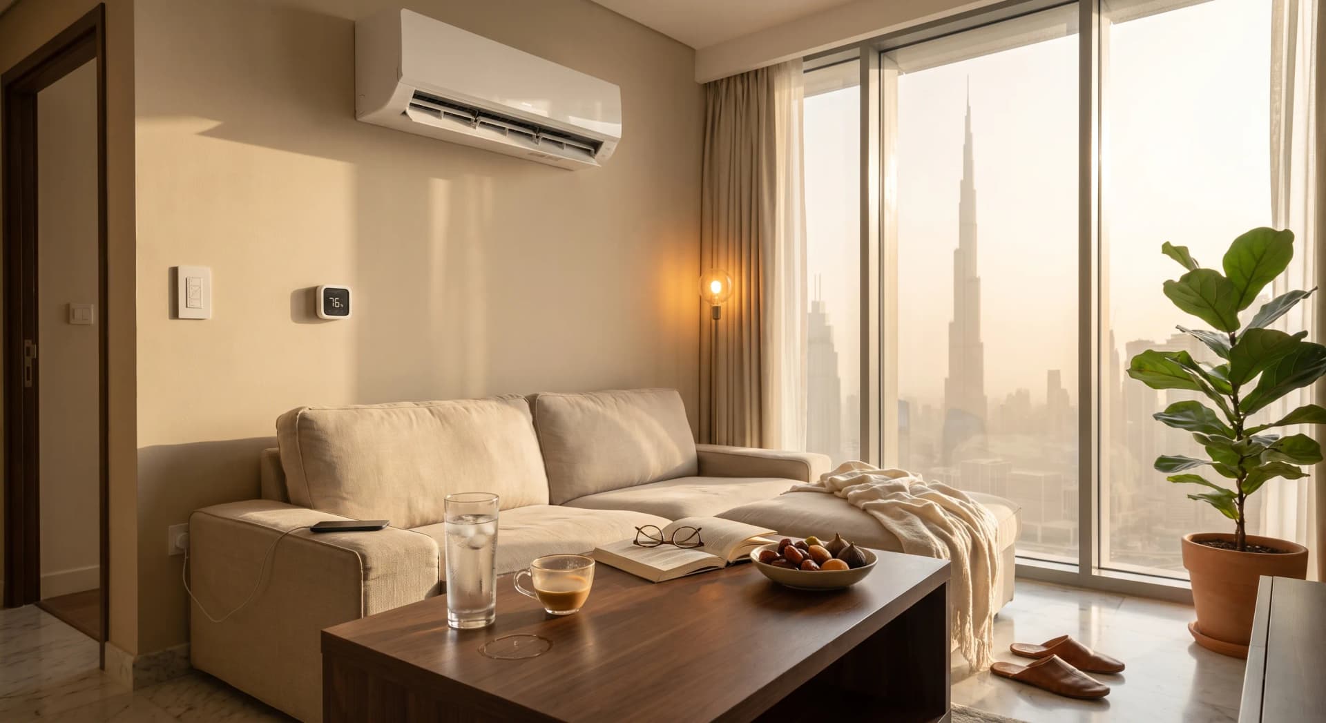 A lived-in Business Bay apartment living room at golden hour with a white wall-mounted split air conditioner running, a small wall-mounted humidity sensor showing a high reading, a glass of iced water beaded with condensation on a walnut coffee table, and the Burj Khalifa visible through floor-to-ceiling glass in warm haze.