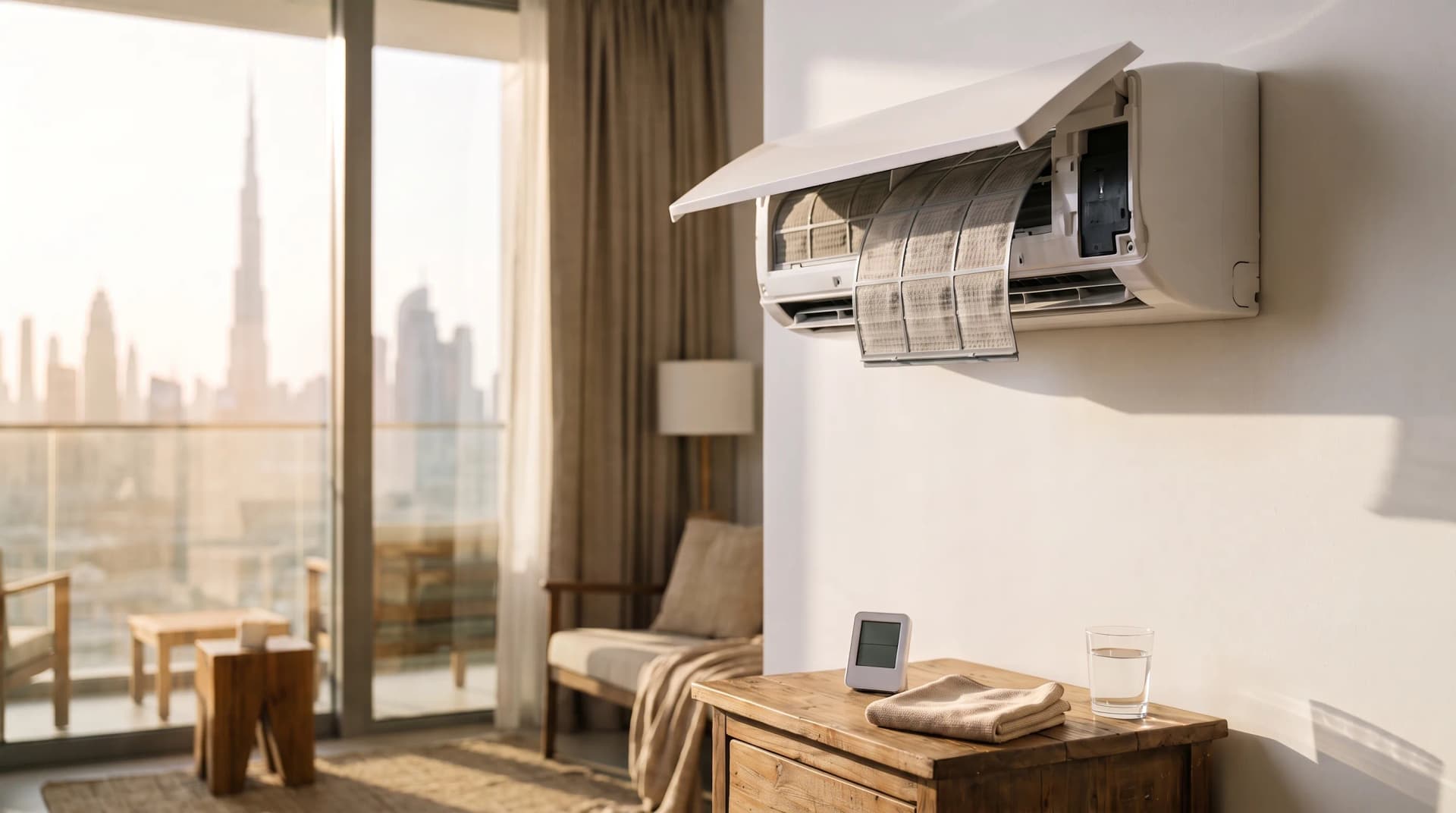 A Dubai apartment living room in late afternoon light with a wall-mounted split AC unit opened up and a dusty mesh filter pulled halfway out, a small room thermometer and a folded cloth on a wooden side table below, and the Dubai skyline through floor-to-ceiling windows