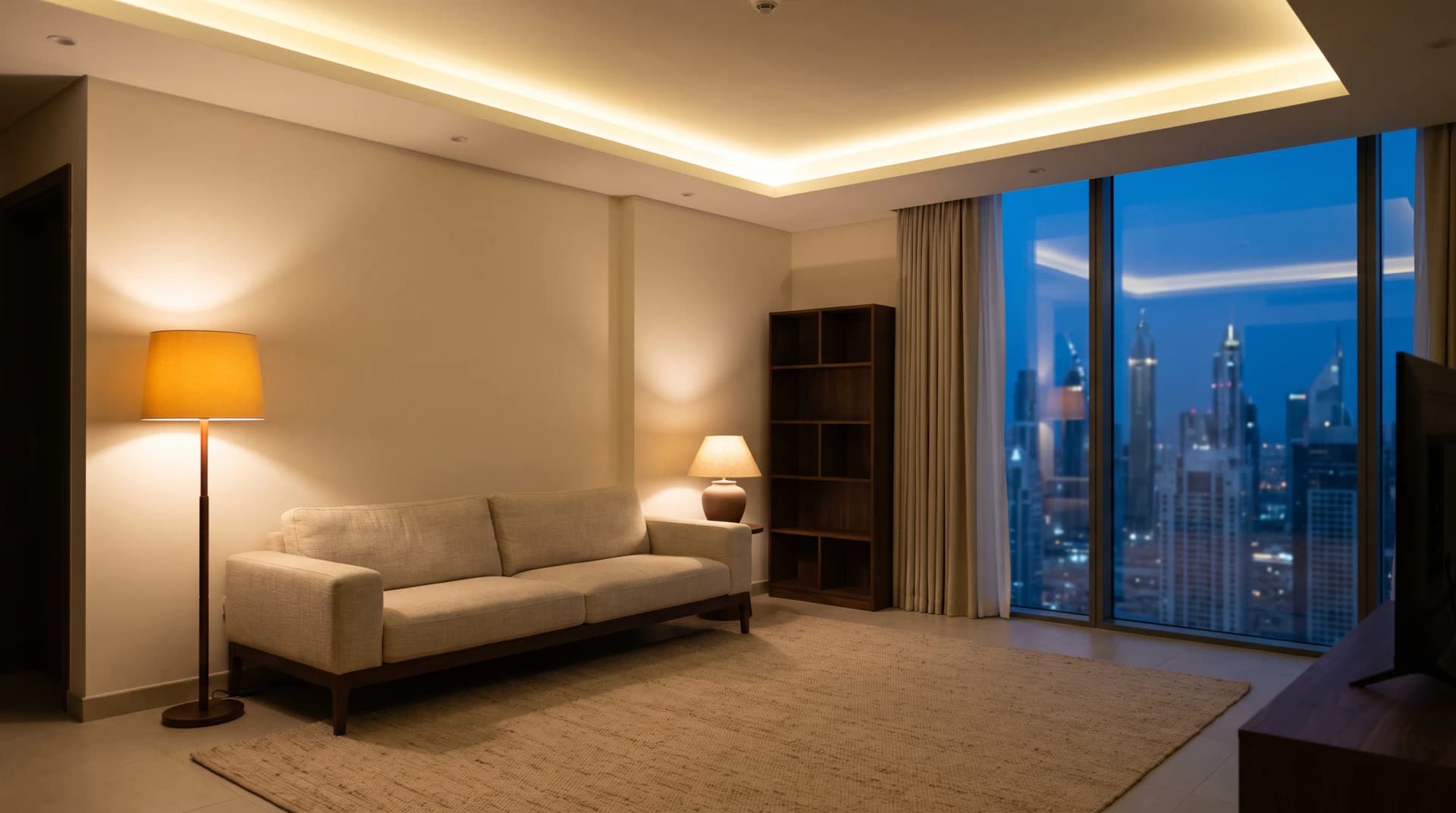 Evening living room in a Dubai apartment with warm layered lighting, a lit floor lamp and cove lighting above, with high-rise towers visible through the window