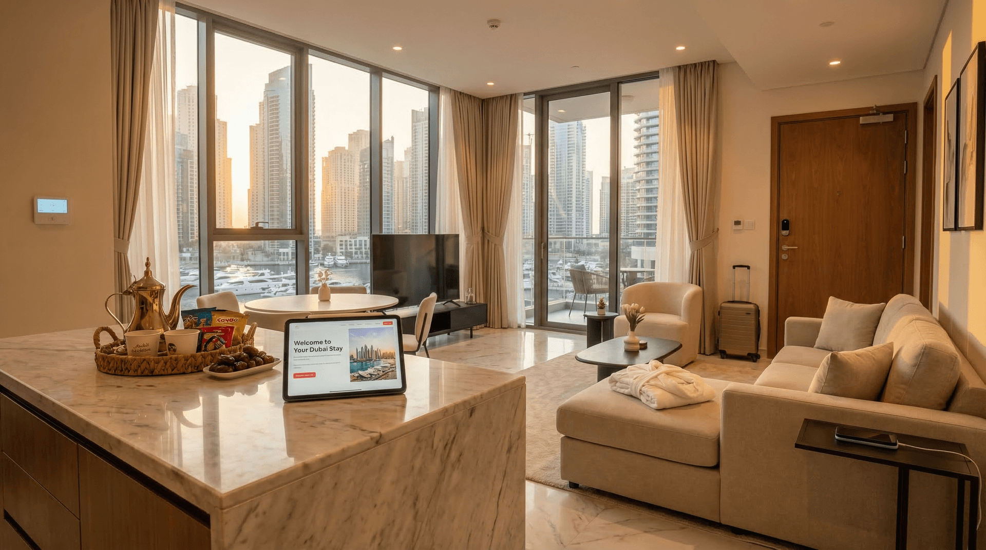 Modern Dubai apartment with smart home devices set up for Airbnb guests
