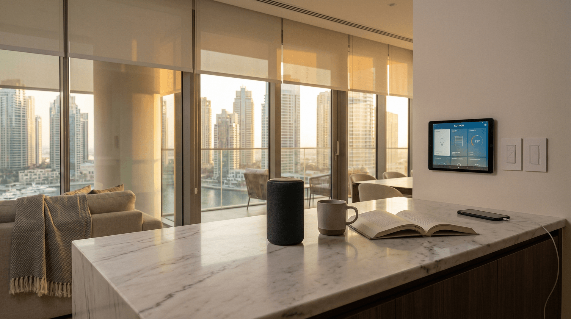 A modern Dubai apartment living room with smart home devices integrated into the decor, showing a smart speaker on the counter alongside wall-mounted controls and automated blinds