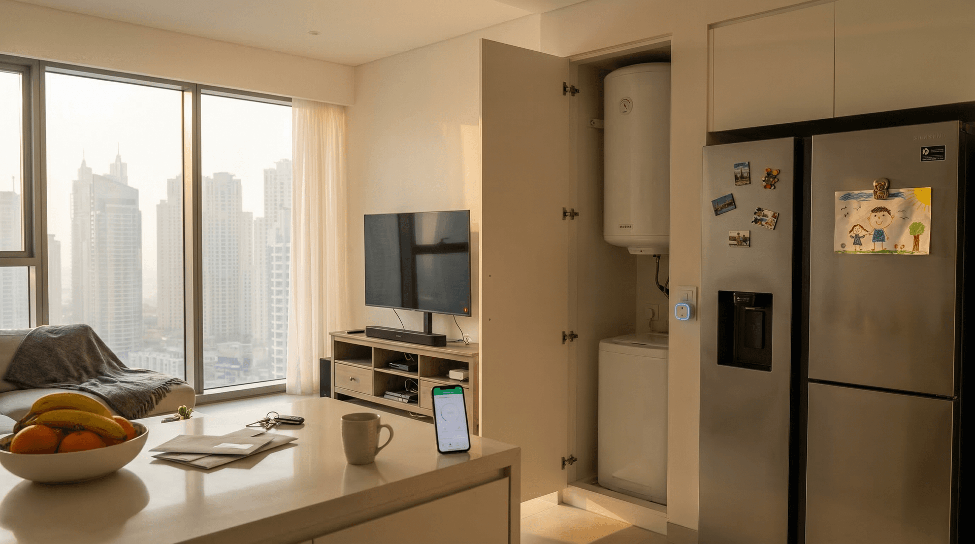 A Dubai apartment kitchen counter showing a water heater timer, smart plug, and a phone displaying energy monitoring, with marina views through the window