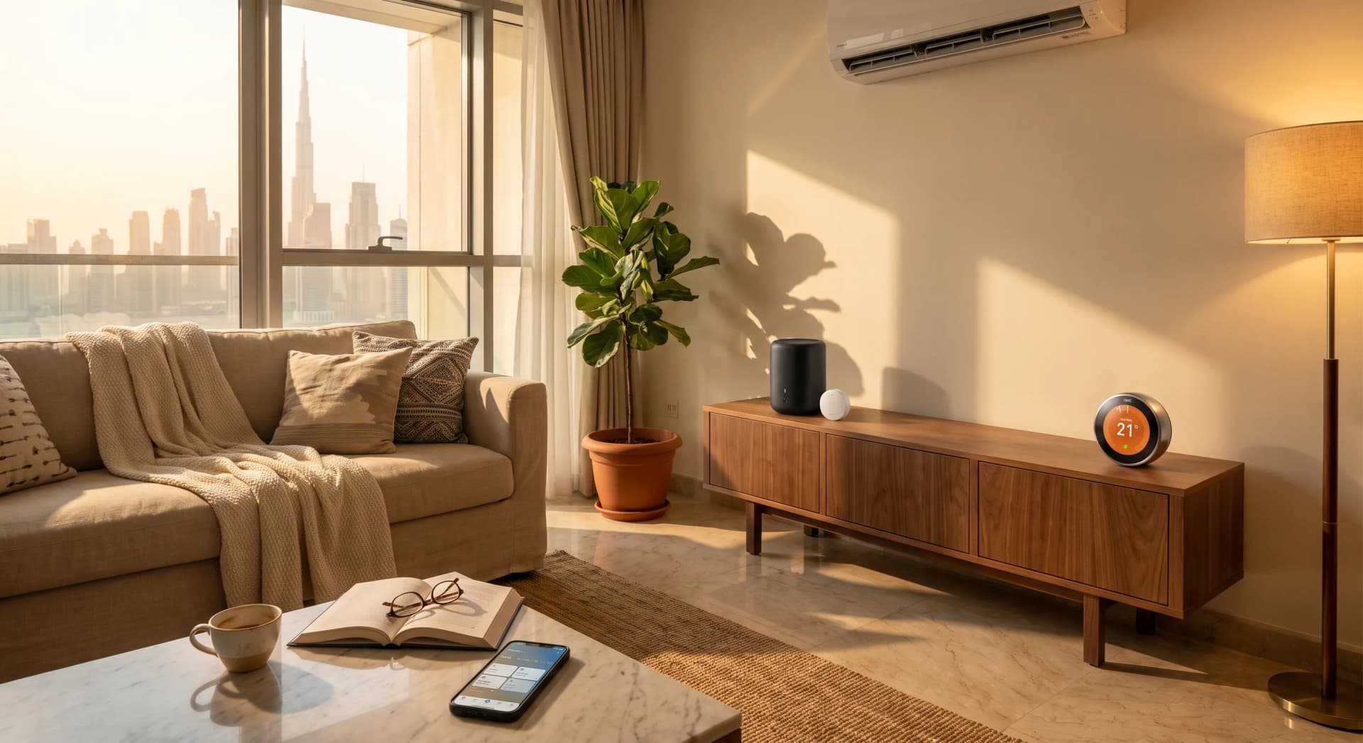 A small black Aqara smart home hub and temperature sensor next to a round Google Nest-style thermostat on a walnut console in a Dubai apartment at golden hour, with a wall-mounted split AC unit in the background
