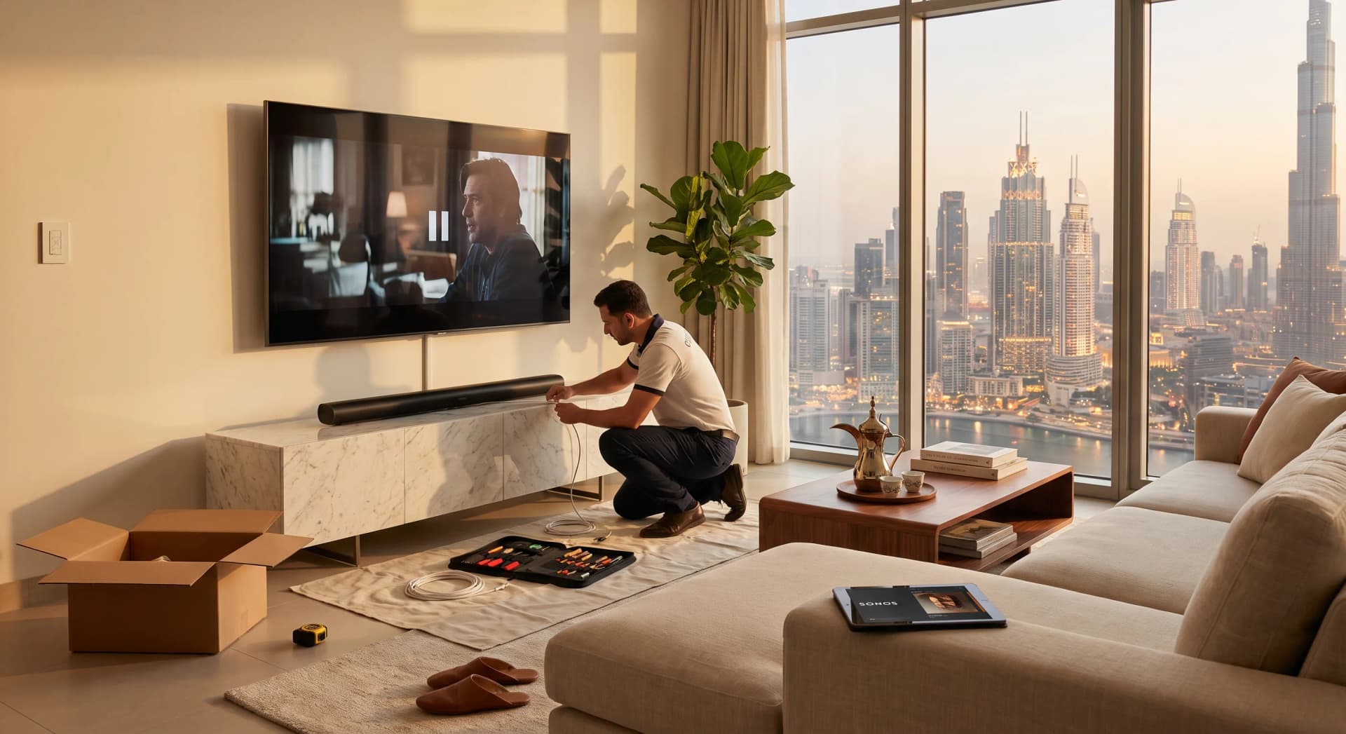 A Dubai apartment living room at golden hour with a wall-mounted Samsung QLED TV, Sonos Arc soundbar underneath, installer routing cables cleanly behind the wall, and a tablet showing the control system on the coffee table