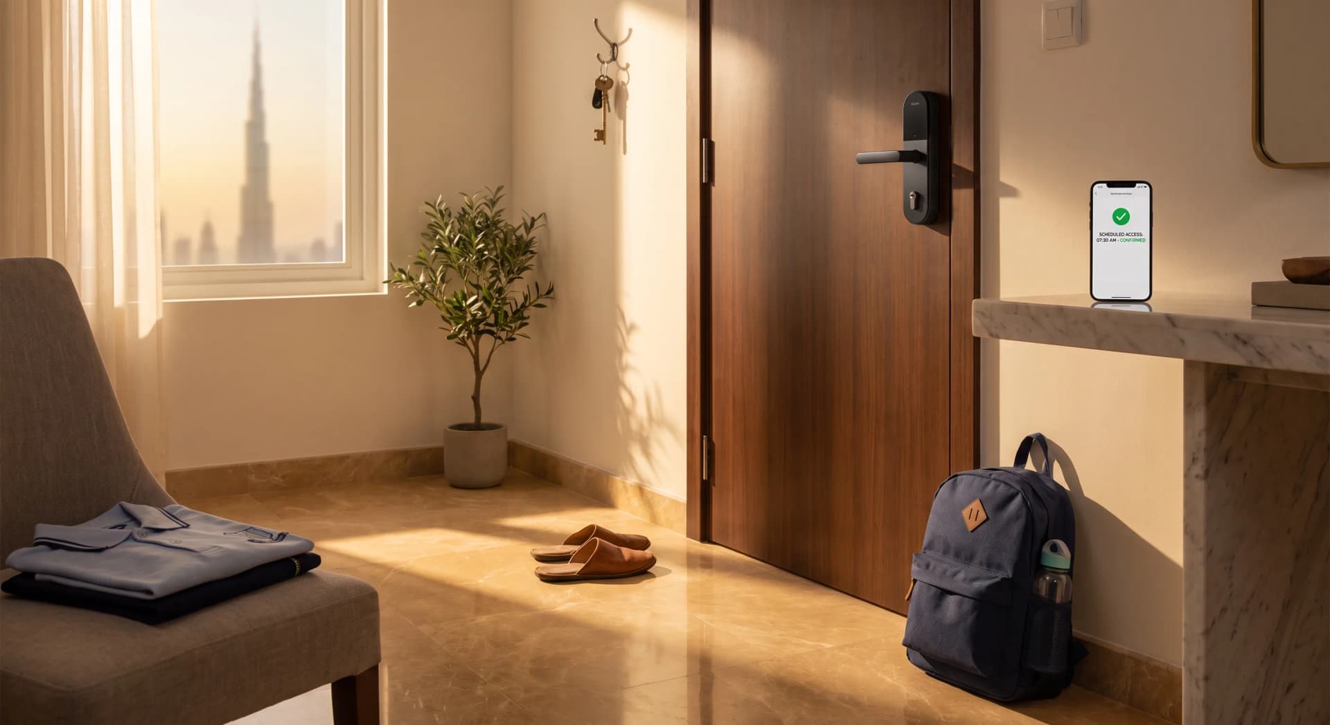 A lived-in Dubai apartment entryway at early morning golden hour, an Aqara smart lock on the front door with a phone showing a scheduled access code on the marble console, a school backpack and water bottle by the door, a folded uniform on a chair, warm light through the hallway, Burj Khalifa visible through a window