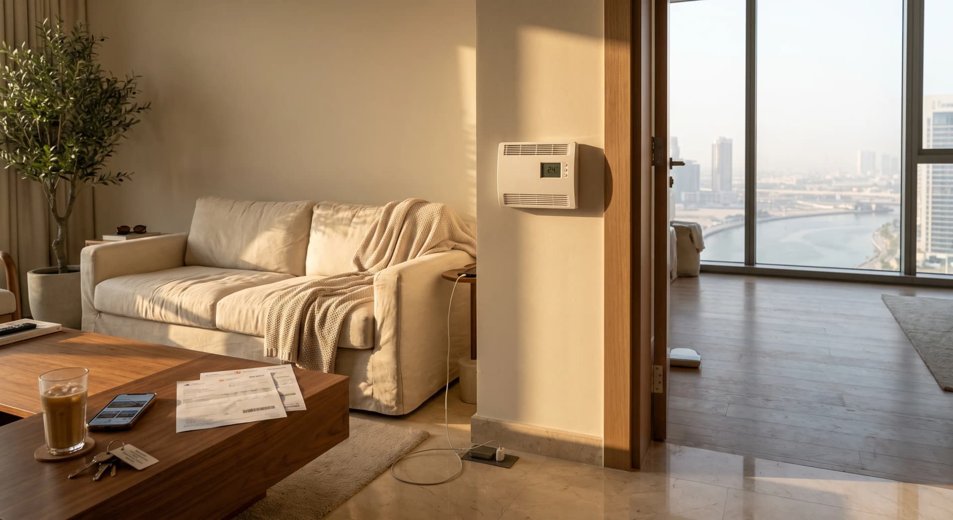 A lived-in Dubai apartment living room in a Business Bay tower at golden hour, with a wall-mounted fan coil unit thermostat reading 24 degrees, two printed utility bills and a set of keys on a walnut coffee table, and floor-to-ceiling windows looking out over the Dubai Water Canal