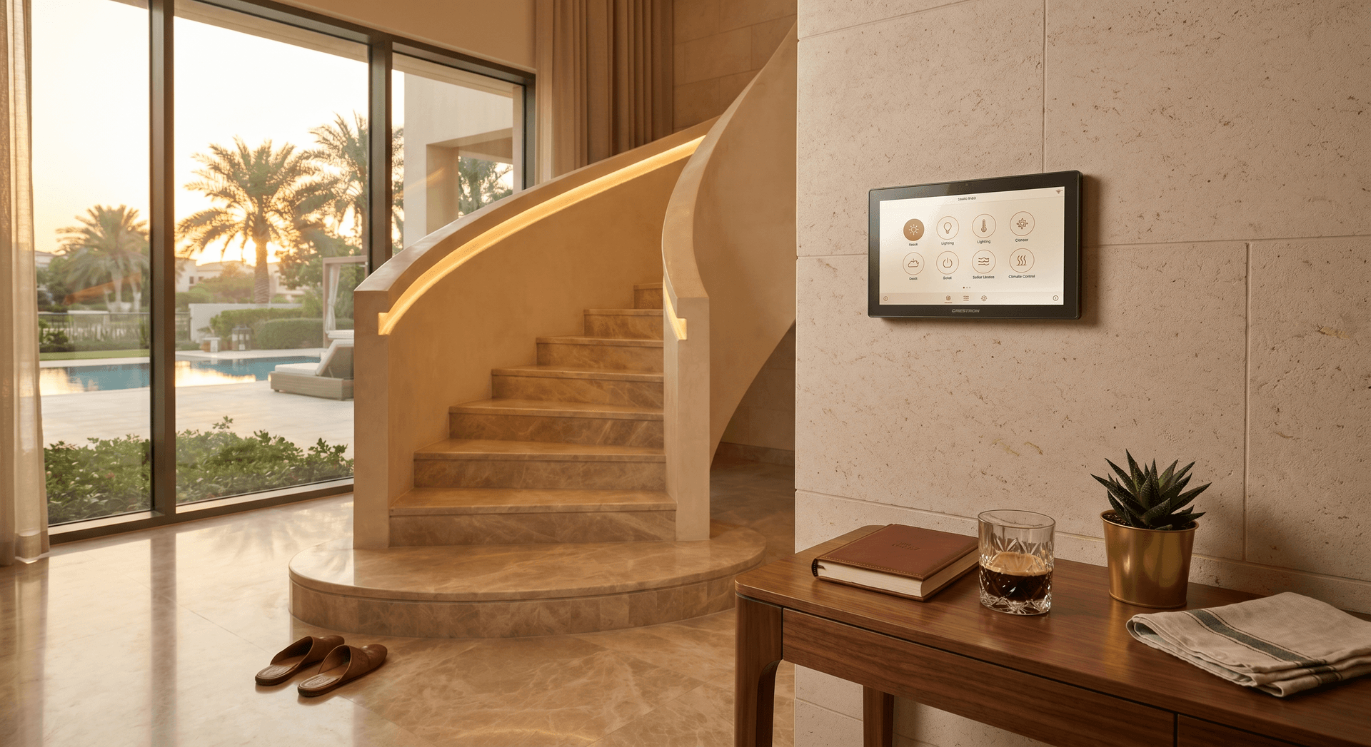 Emirates Hills villa entrance hall at golden hour with a Crestron 10-inch wall touch panel mounted on a stone wall next to the staircase, warm Lutron lighting, marble floors, and floor-to-ceiling windows opening to a landscaped pool