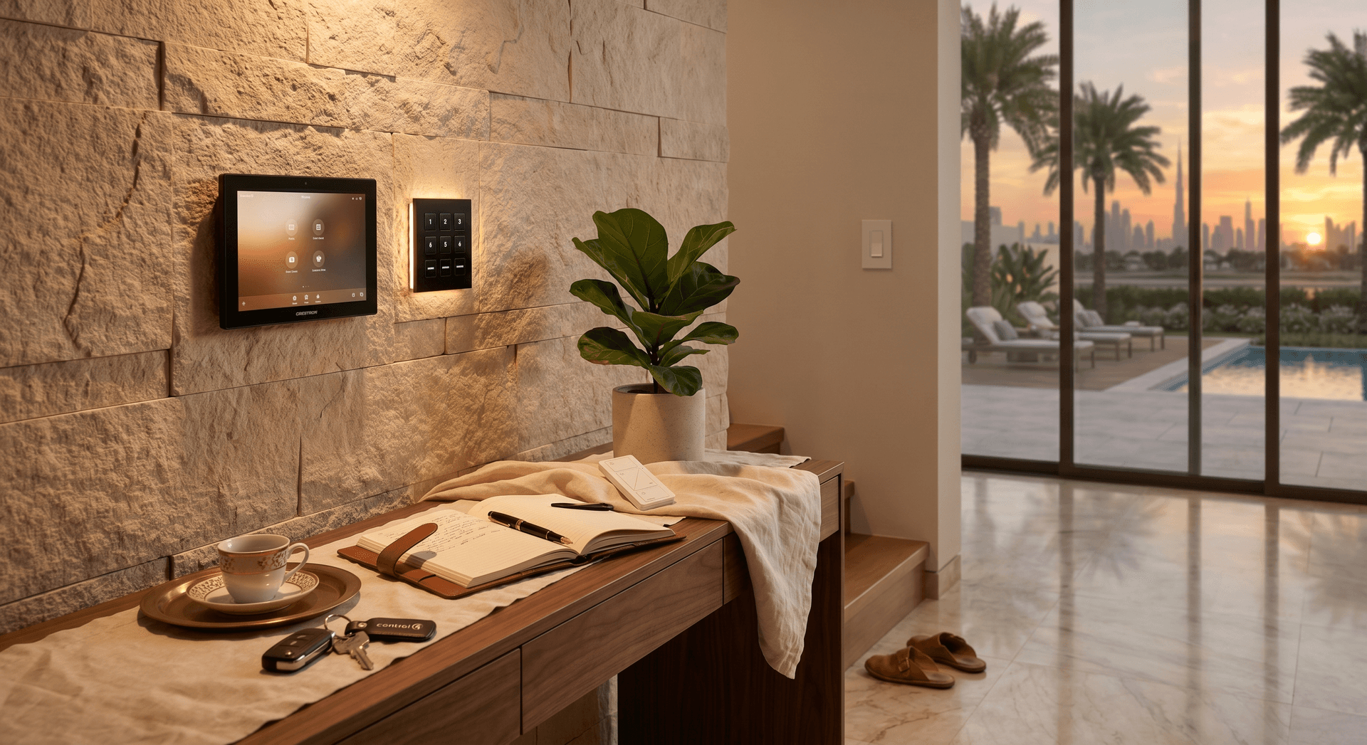 Dubai Hills villa entrance hall at golden hour with a Crestron touch panel and a Control4 keypad mounted side by side on a stone wall, warm Lutron lighting, marble floor, and floor-to-ceiling windows opening to a landscaped pool