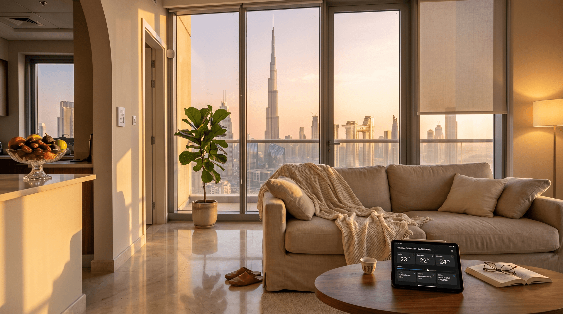 A lived-in Business Bay apartment living room at golden hour with the Burj Khalifa skyline through floor-to-ceiling windows, a Lutron Caseta keypad on the wall, an iPad on the walnut coffee table showing a home dashboard with room temperatures and an automation timeline, a beige linen sofa with a rumpled cream throw, an Arabic coffee cup and an open book, leather slippers under the sofa, soft warm lighting, photorealistic