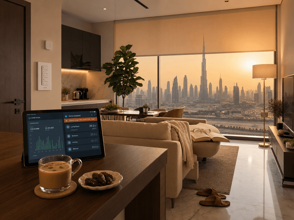 A lived-in Business Bay apartment kitchen and living room at golden hour with the Burj Khalifa skyline through floor-to-ceiling windows showing a 39C dusty Wed Jun 10 sky, an iPad on the walnut breakfast bar showing the DEWA Smart app consumption graph alongside a Home Assistant dashboard with room temperatures and an outage notification, a half-finished karak chai with cardamom pods, an open book with reading glasses on the linen sofa, a Lutron Caseta keypad by the door, an Aqara temperature sensor on the wall, a fiddle-leaf fig plant near the window, motorized roller blind half-drawn, leather slippers under the sofa, warm 2700K floor lamp at 30 percent, photorealistic interior photography