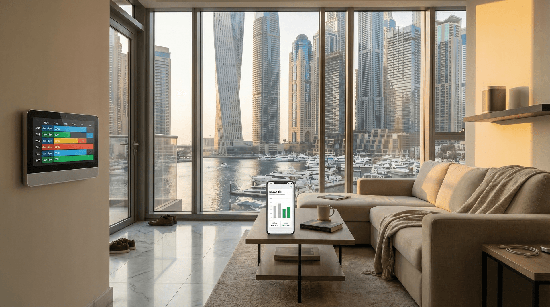 A Dubai apartment with a smart thermostat on the wall showing a cooling schedule, afternoon sun through floor-to-ceiling windows, and a phone on the coffee table displaying DEWA bill comparison
