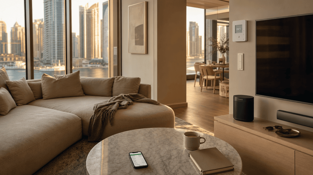A Dubai apartment living room at golden hour with afternoon sun streaming through floor-to-ceiling windows, a smart AC controller showing 24 degrees on the wall, and a smartphone on the coffee table displaying a DEWA bill summary