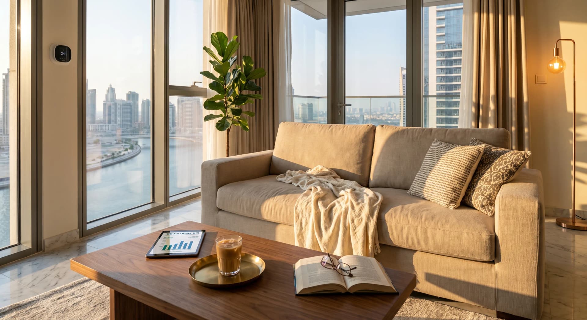 A lived-in Dubai apartment living room at golden hour in a Business Bay tower, with a wall-mounted fan coil unit thermostat set to 24 degrees, a phone on the coffee table showing a district cooling invoice, floor-to-ceiling windows looking out to the Dubai Water Canal, a linen sofa with a cream throw, and an iced karak on the table