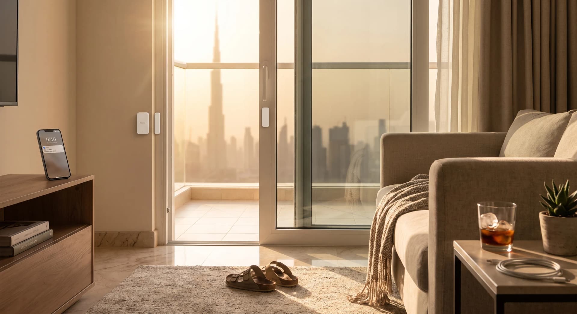 A small white door and window sensor and its magnet mounted on the frame of an open balcony door in a Dubai apartment at golden hour, marble floor, warm light, a phone on a console table showing a door-open notification, Burj Khalifa skyline visible through the glass, lived-in details.