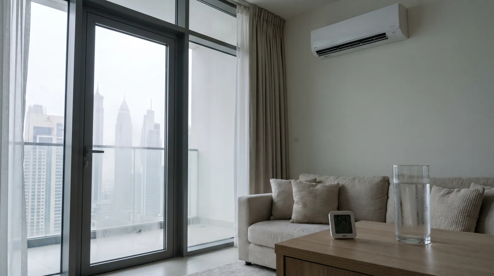 Dubai apartment living room on a misty morning with the balcony door closed and the skyline hazy behind it, a small digital humidity sensor reading 64 percent on the coffee table beside a glass of water beaded with condensation, a wall-mounted split AC unit switched off above the linen sofa