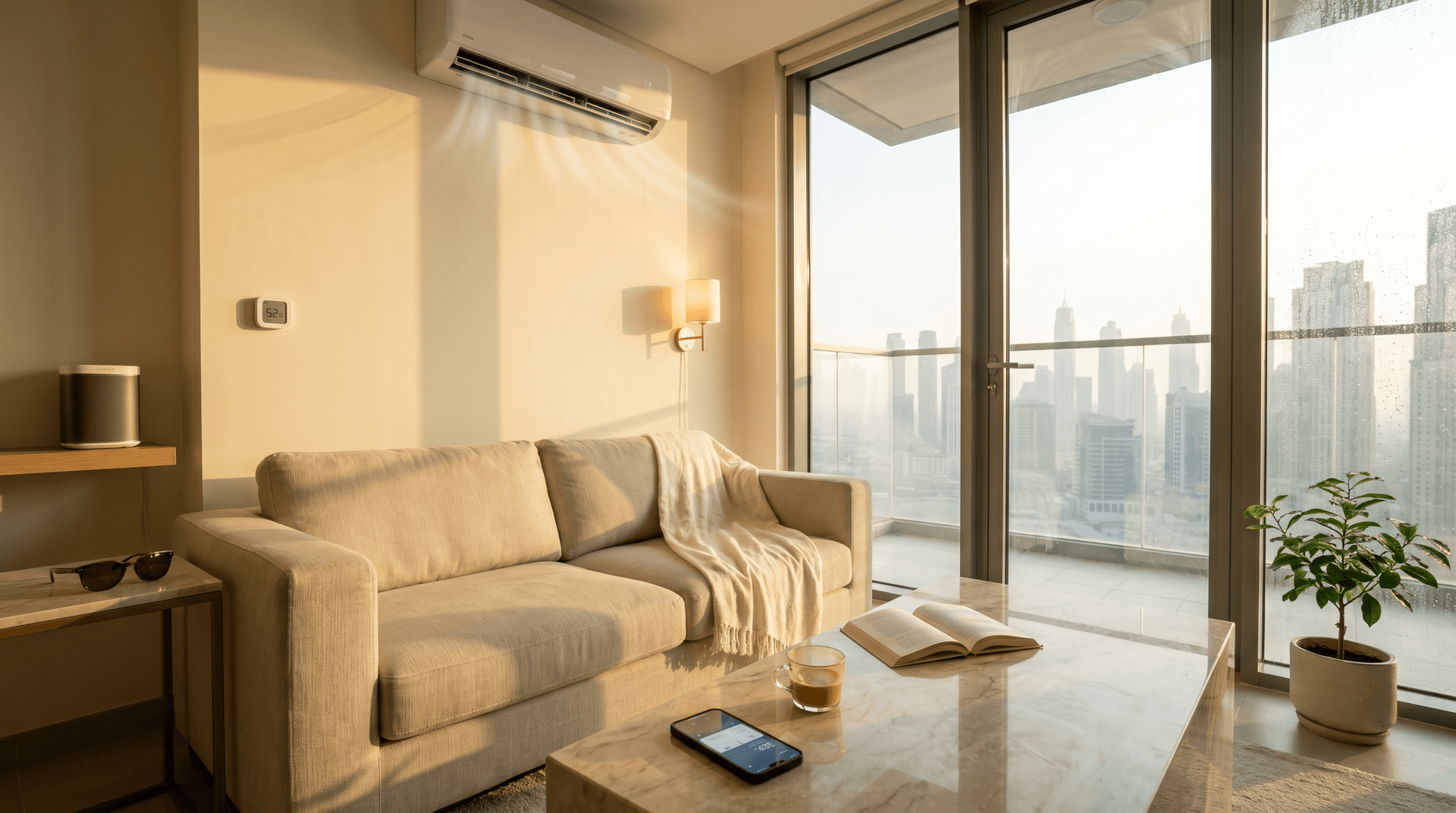 A modern Dubai apartment living room at golden hour with floor-to-ceiling windows showing Business Bay, condensation forming on the glass from outside humidity, a small wall-mounted humidity sensor, a split AC running in dry mode, and a smartphone on the coffee table showing humidity readings