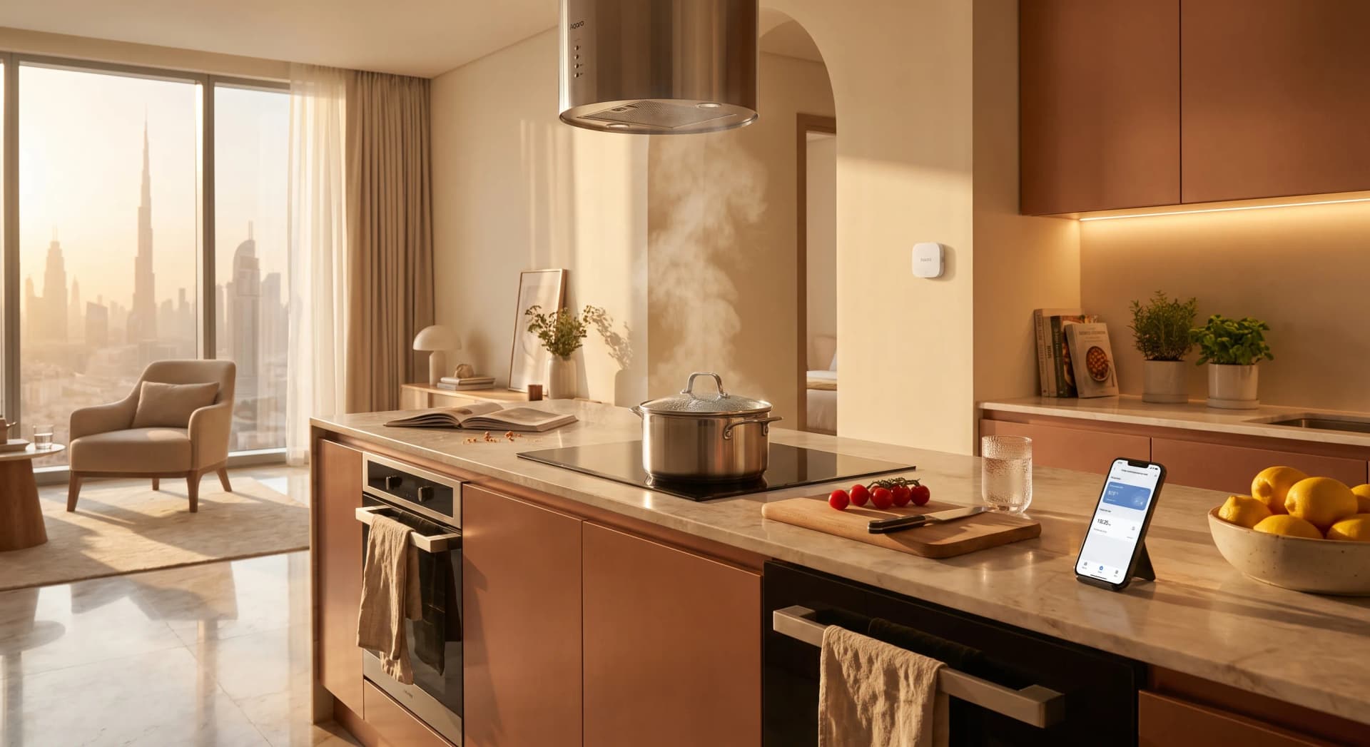 A lived-in open-plan Dubai apartment kitchen at golden hour, a pot steaming on the hob under a recirculating cooker hood, a small Aqara temperature sensor on the wall by the doorway, floor-to-ceiling windows with a skyline view, a marble worktop with a chopping board and a glass of iced water, warm evening light.