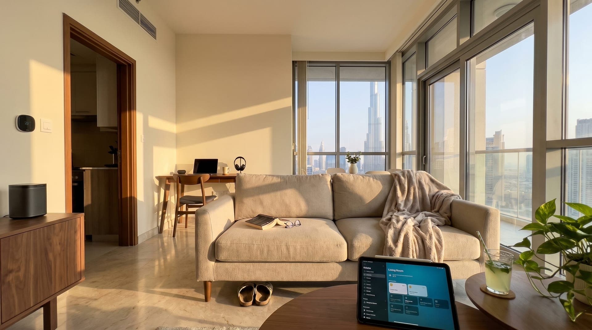 Lived-in Dubai Business Bay apartment at golden hour with iPad on coffee table showing smart home dashboard, laptop on small desk, Sonos speaker, Lutron dimmer on wall, blanket on linen sofa, half-finished coffee, open book and slippers under the sofa