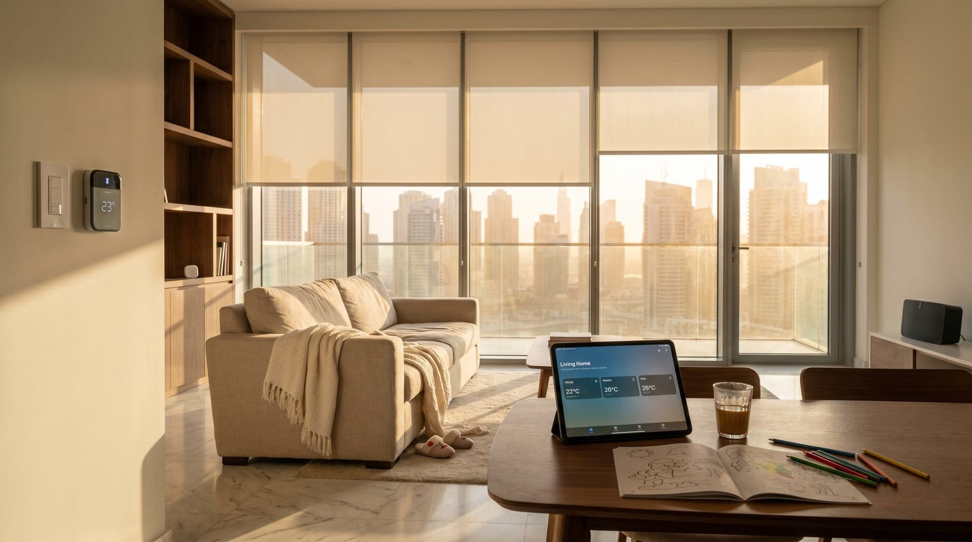 A Dubai apartment living room in late afternoon golden light with floor-to-ceiling windows showing 47C heat haze over the Marina, a Sensibo Sky smart AC controller on the wall reading 23C, an iPad on the coffee table showing room-by-room temperatures, kids' colouring books spread out, half-finished karak chai in glass cups, and a slightly drawn linen blind softening the western glare