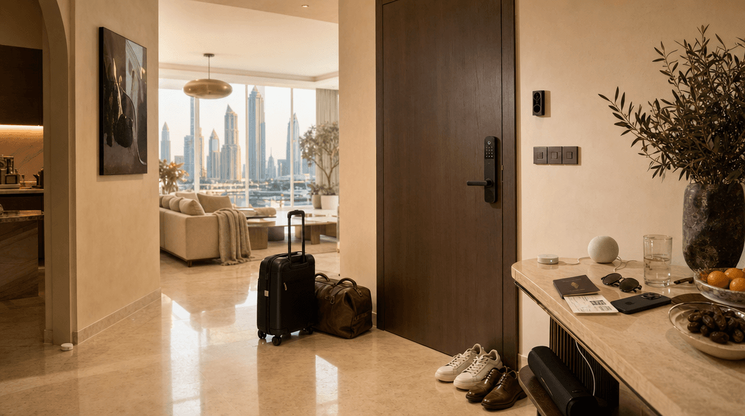 A Dubai apartment entryway at golden hour with packed luggage by the door, a smart lock and wireless video doorbell visible, and a console table holding a passport, phone, and Aqara hub