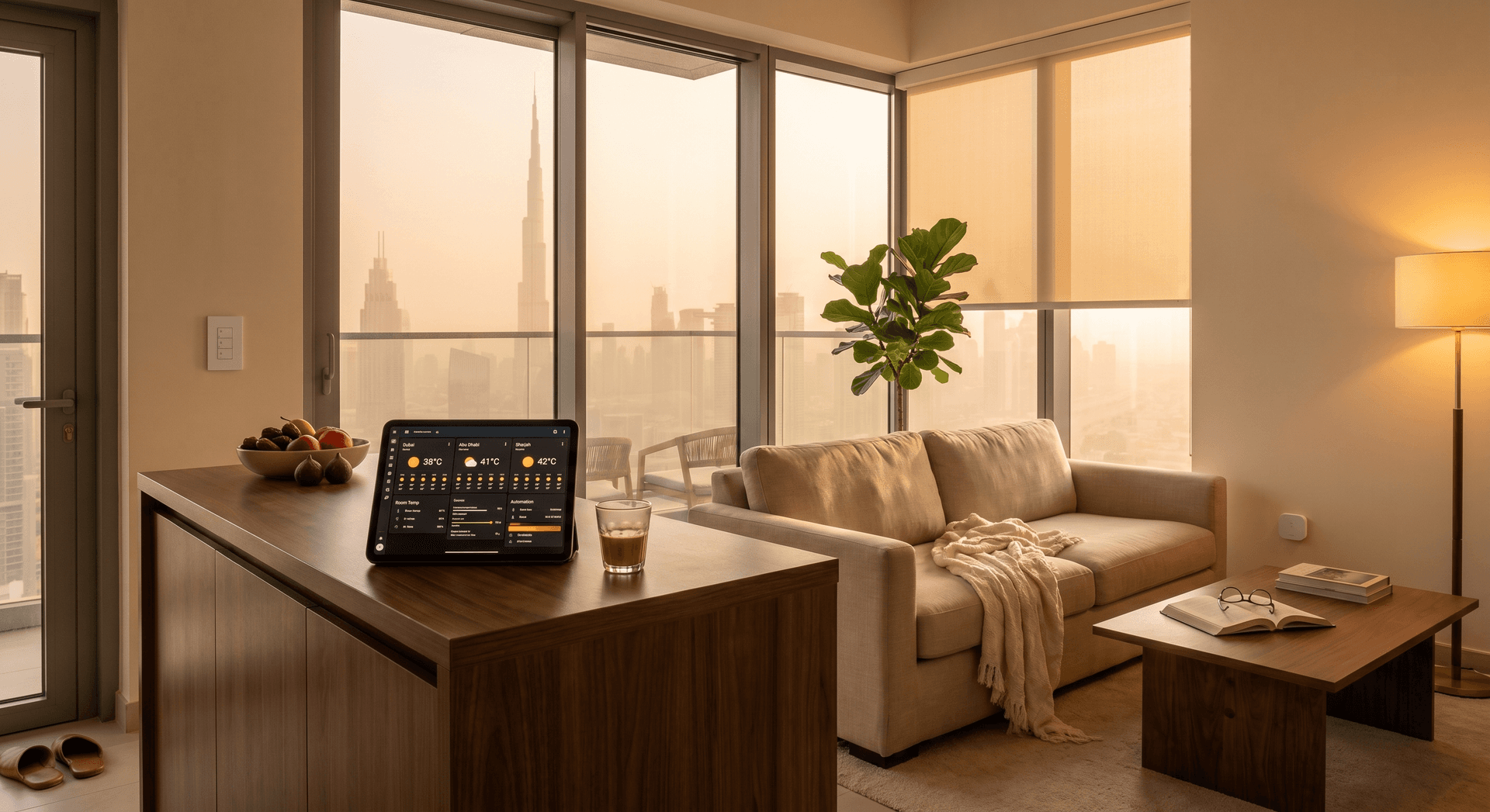 A lived-in Business Bay apartment kitchen and living room at golden hour, view through floor-to-ceiling windows of the Burj Khalifa skyline with a 38 degree dusty Mon Jun 8 sky, an iPad on the walnut breakfast bar showing a Home Assistant dashboard with three emirate weather tiles and room temperatures, a half-finished karak chai, a single open book on the linen sofa, a Lutron Caseta keypad by the door, an Aqara temperature sensor on the wall, leather slippers under the sofa, a fiddle-leaf fig plant near the window, motorized roller blind half-drawn, warm 2700K floor lamp, photorealistic
