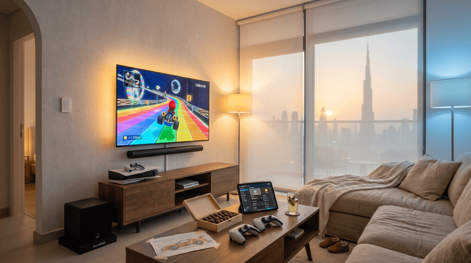 Modern Dubai Business Bay apartment living room at golden hour with a 55-inch LG OLED TV showing a paused Mario Kart race, a PS5 Slim on a low walnut console, a Sonos Arc soundbar, two Era 100 speakers, motorized roller blinds half-drawn on floor-to-ceiling windows showing the Burj Khalifa skyline, a beige linen sofa with a rumpled cream throw, a low coffee table with two PS5 controllers, an open box of dates, an iPad showing a Game Night scene, slippers, and a child's drawing on the wall
