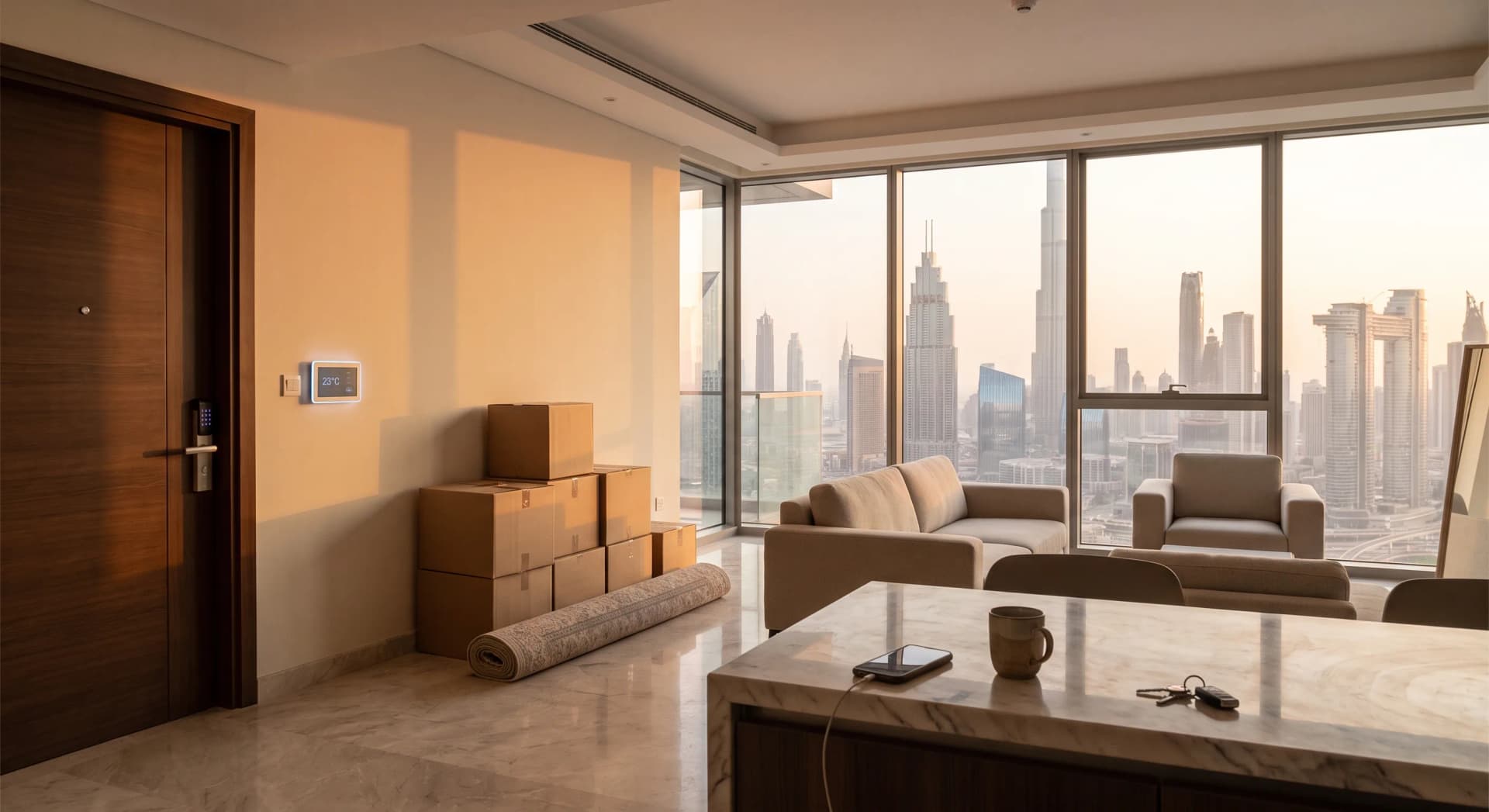 New Dubai apartment on move-in day at golden hour, a few packing boxes by the wall, a smart AC controller and keypad lock near the door, floor-to-ceiling windows with the skyline behind