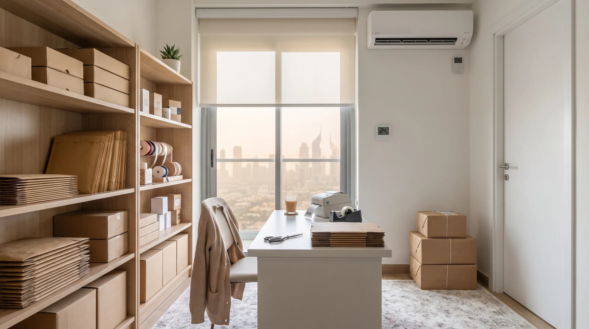 A lived-in Dubai apartment second bedroom used as a small home business room, mid-afternoon, with neat shelves of boxed stock and packaging materials, a small packing table with a label printer and tape, a wall-mounted temperature and humidity sensor reading 24 degrees, a white split AC unit above with a smart controller beside it, a half-drawn motorized blind with a hazy Dubai skyline behind it, a stack of ready-to-ship parcels by the door, no people