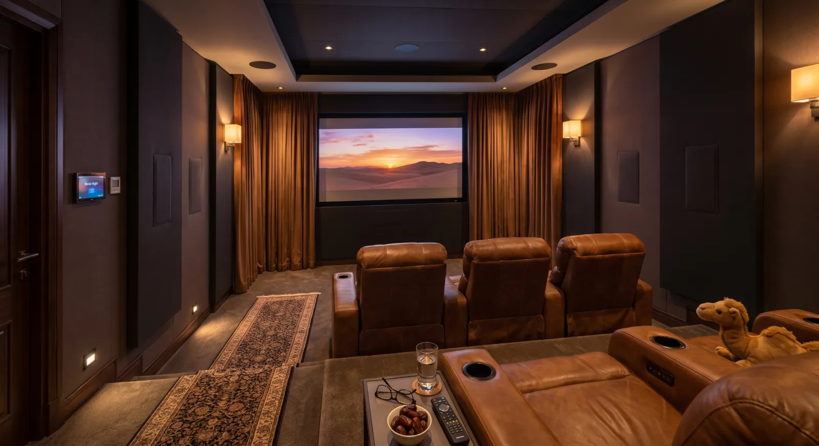 Emirates Hills mansion cinema room at evening with tiered leather seating, a 9.4.6 Dolby Atmos speaker layout, acoustic wall panels, a wall-mounted Crestron touch panel, motorized acoustic curtains half-drawn, a glass of water and reading glasses on a side table, and a warm dimmed sconce glow