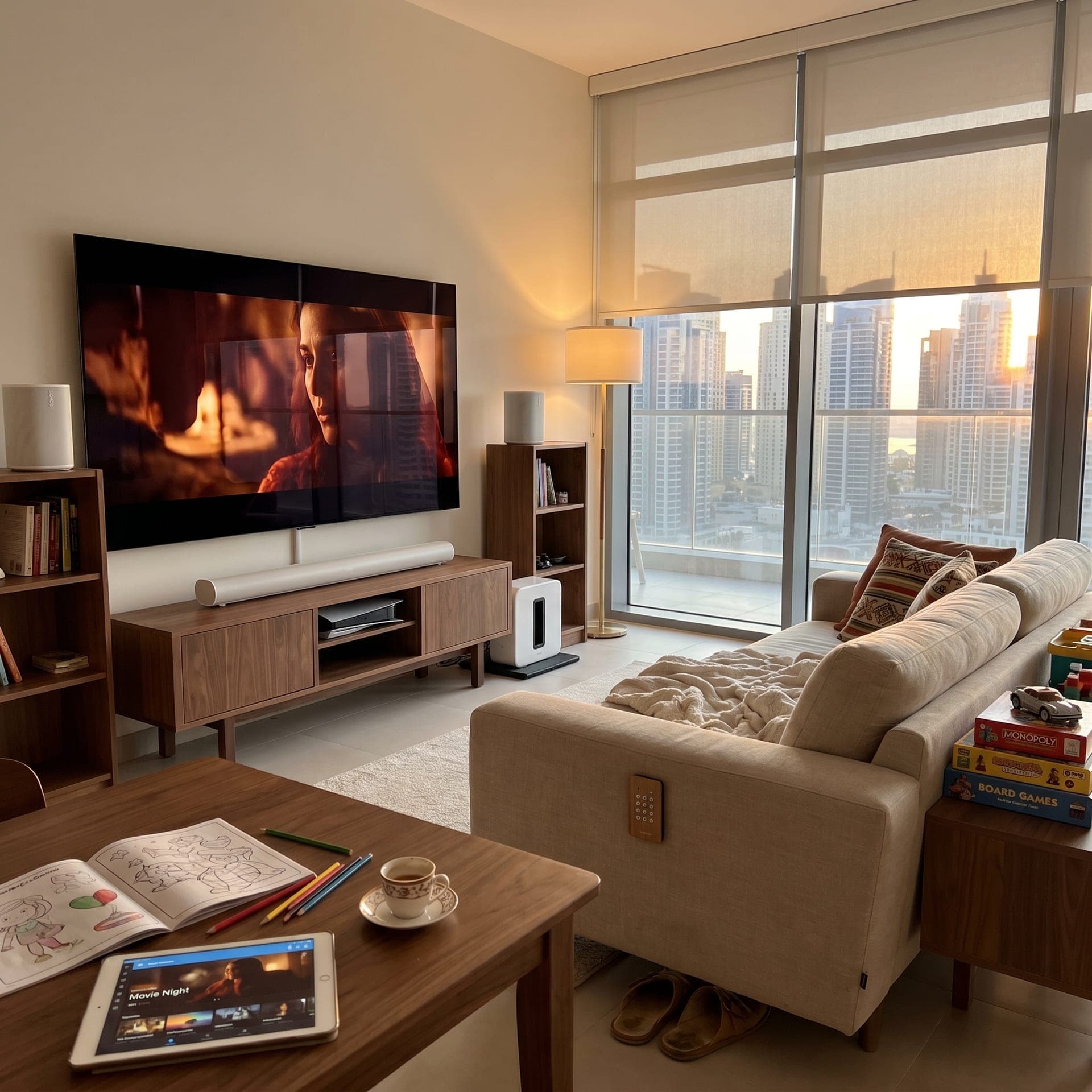 Modern Dubai Marina apartment living room at golden hour with an 85-inch wall-mounted TV above a walnut console, a Sonos Arc soundbar, two Era 100 surround speakers on bookshelves, motorized blackout blinds half-drawn on floor-to-ceiling windows showing the marina skyline, beige linen sofa with a rumpled cream throw, a child's colouring book and Arabic coffee on the coffee table, slippers under the sofa, kids' games on a side table