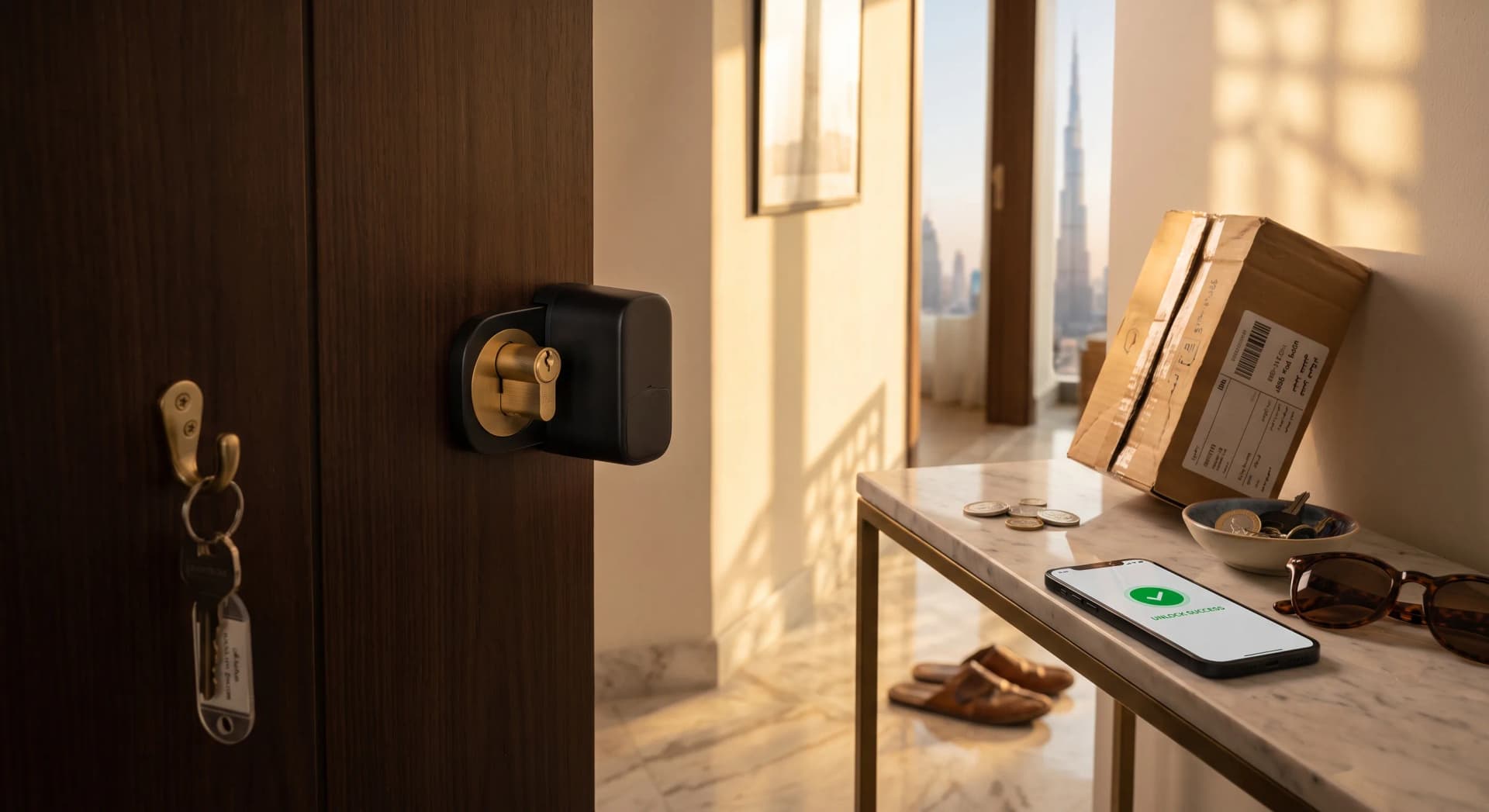 A retrofit smart lock clamped over a euro-profile cylinder on the inside of a Dubai apartment front door at golden hour, a phone on a marble console showing an unlock confirmation, keys hanging untouched on a hook nearby, warm light through the entryway, Burj Khalifa skyline through a window.