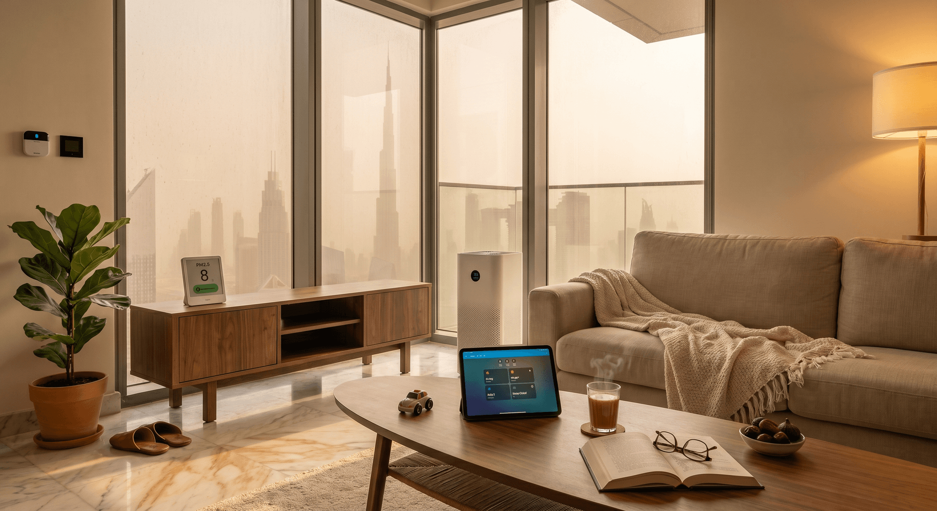 Modern Business Bay apartment living room at golden hour during a dust day, motorized roller blind drawn to 80 percent against hazed Burj Khalifa skyline through floor-to-ceiling windows, white Xiaomi Smart Air Purifier 4 Pro on the floor next to a beige linen sofa, Aqara air quality monitor showing green PM2.5 reading on a walnut console table, iPad displaying a Home Assistant dashboard with sensor tiles, half-finished karak chai with steam, leather slippers near a fiddle-leaf fig plant, child's open book and reading glasses, warm 2700K floor lamp at 40 percent, no people in the scene