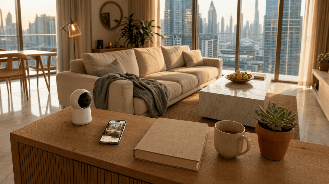 A lived-in Dubai apartment living room at golden hour with a small white indoor security camera on a console table, a phone showing the camera feed, books and a coffee mug nearby