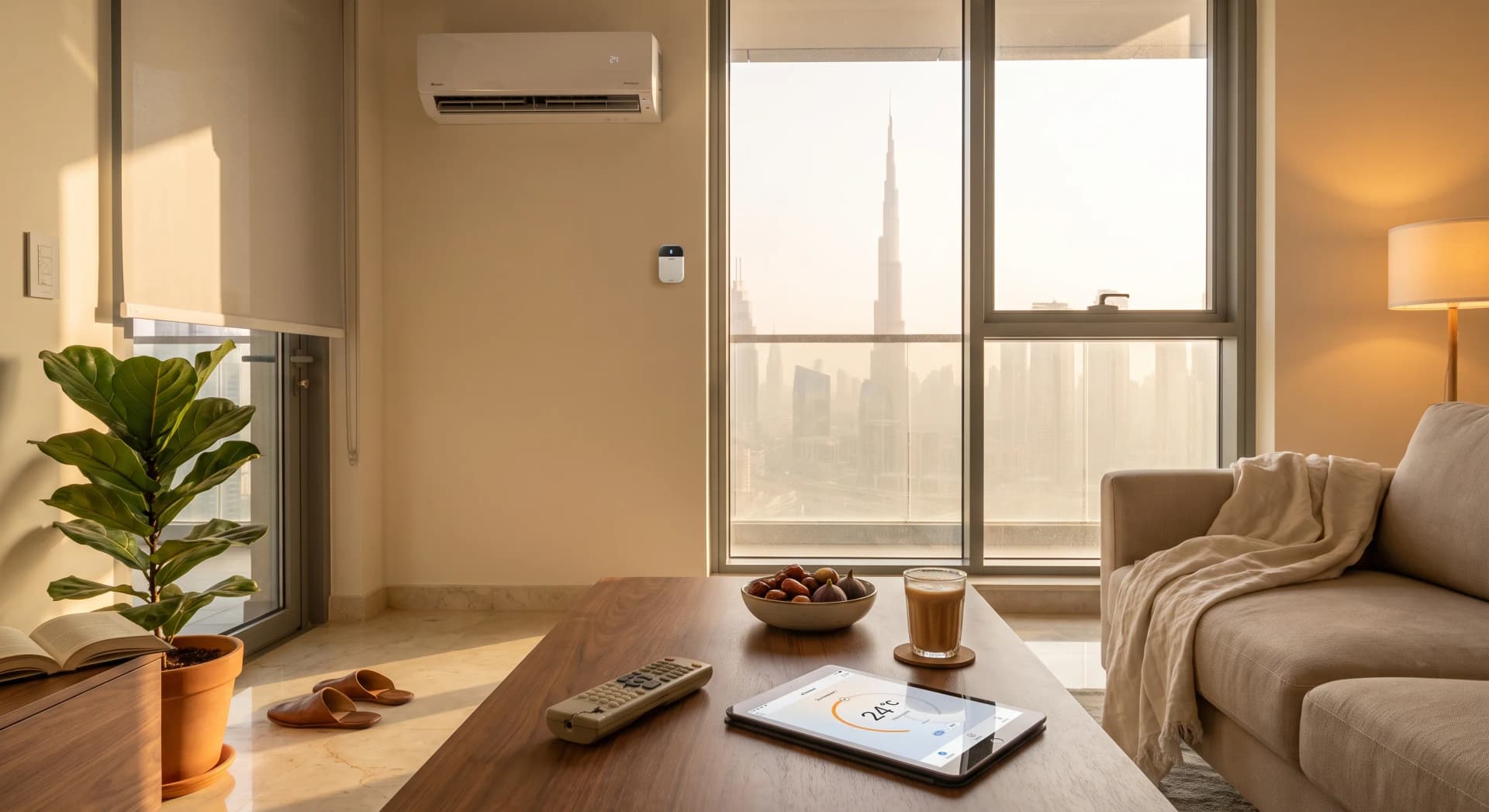A lived-in Business Bay apartment living room at golden hour with the sun blazing through floor-to-ceiling windows onto the Dubai skyline, a Sensibo AC controller on the wall beside an old air conditioner remote with a cracked screen on the coffee table, an iPad showing a climate schedule, a motorized roller blind half-drawn against the harsh afternoon light, a sweating glass of iced karak, dates and figs in a bowl, a throw blanket over the sofa arm, leather slippers on the marble floor, a fiddle-leaf fig by the window, no people