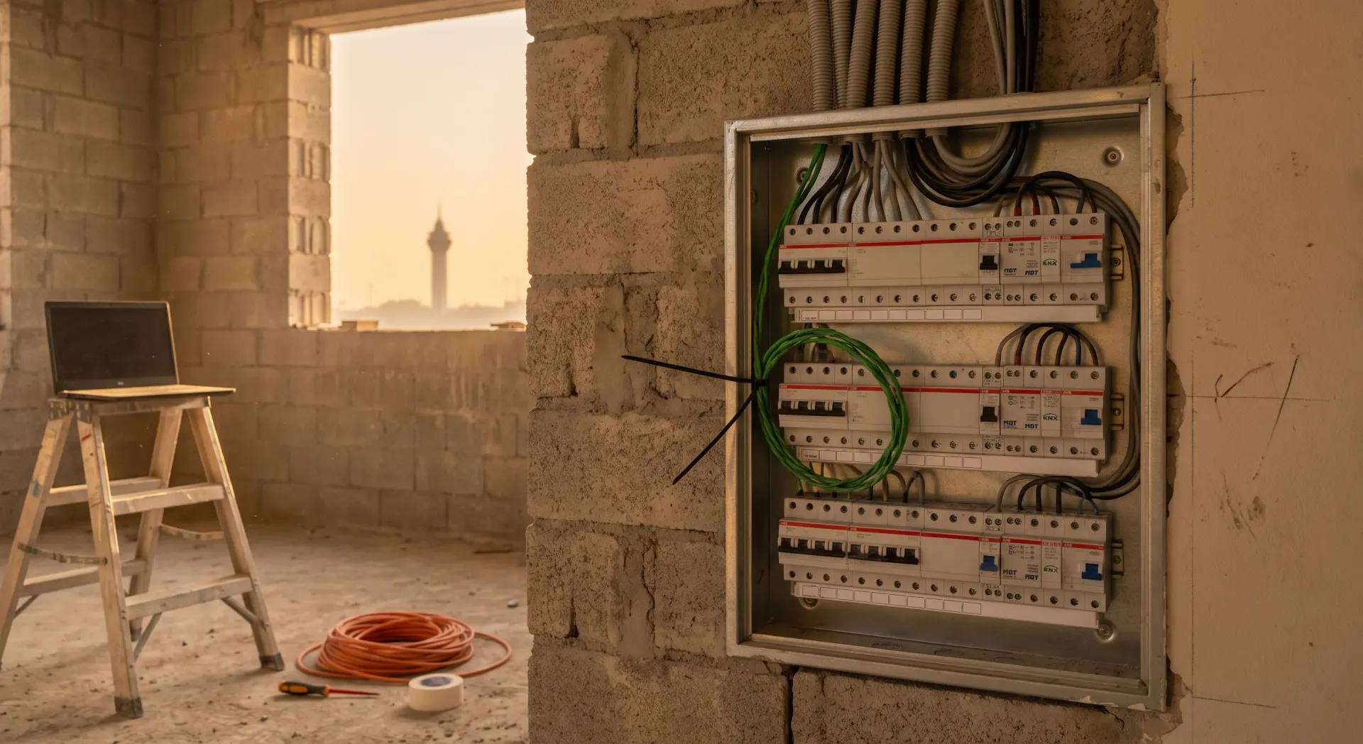 Open electrical distribution board in a Dubai villa under construction, with DIN-rail KNX modules and a green KNX bus cable coiled beside them