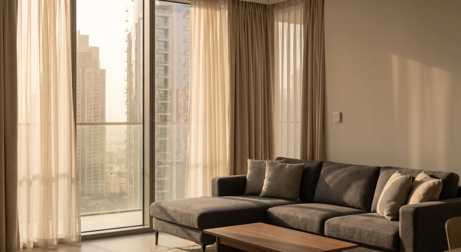 A quiet, empty Dubai apartment living room with the curtains half drawn, furniture in place and nobody in the room, city towers visible through the window