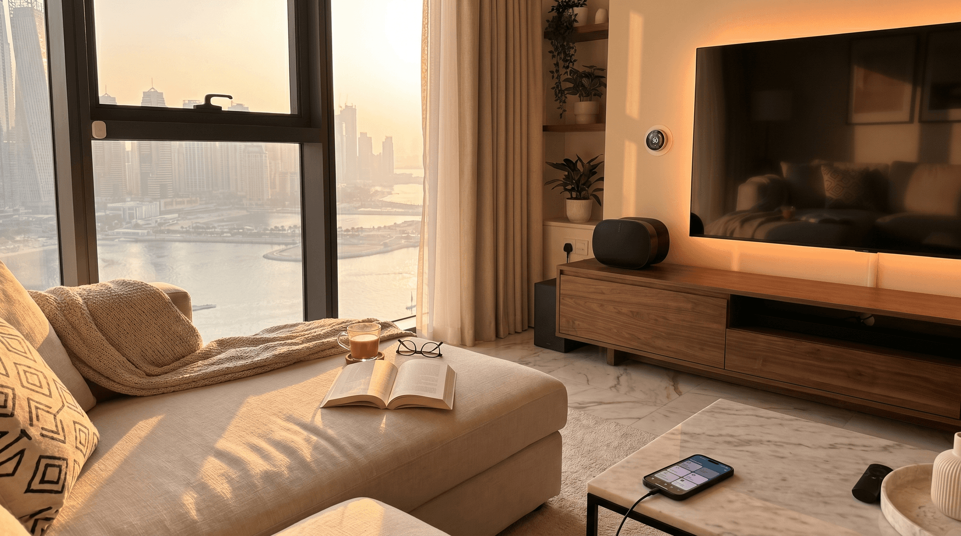 A modern Dubai apartment living room at golden hour with smart devices from different brands working together, a smart speaker on a console, a wall thermostat, and a phone showing one unified home app