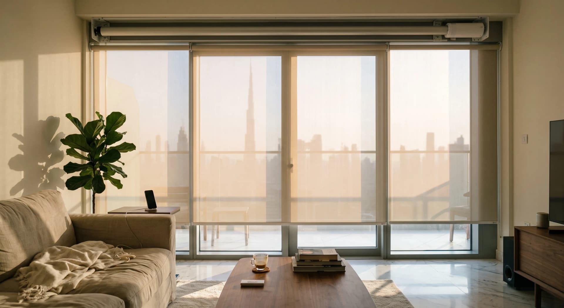 A motorized roller blind half lowered over a floor-to-ceiling window in a lived-in Dubai apartment at golden hour, the aluminium roller tube and motor head visible at the top, warm light on a marble floor, a Lutron Pico remote on a walnut console, Burj Khalifa skyline through the glass.