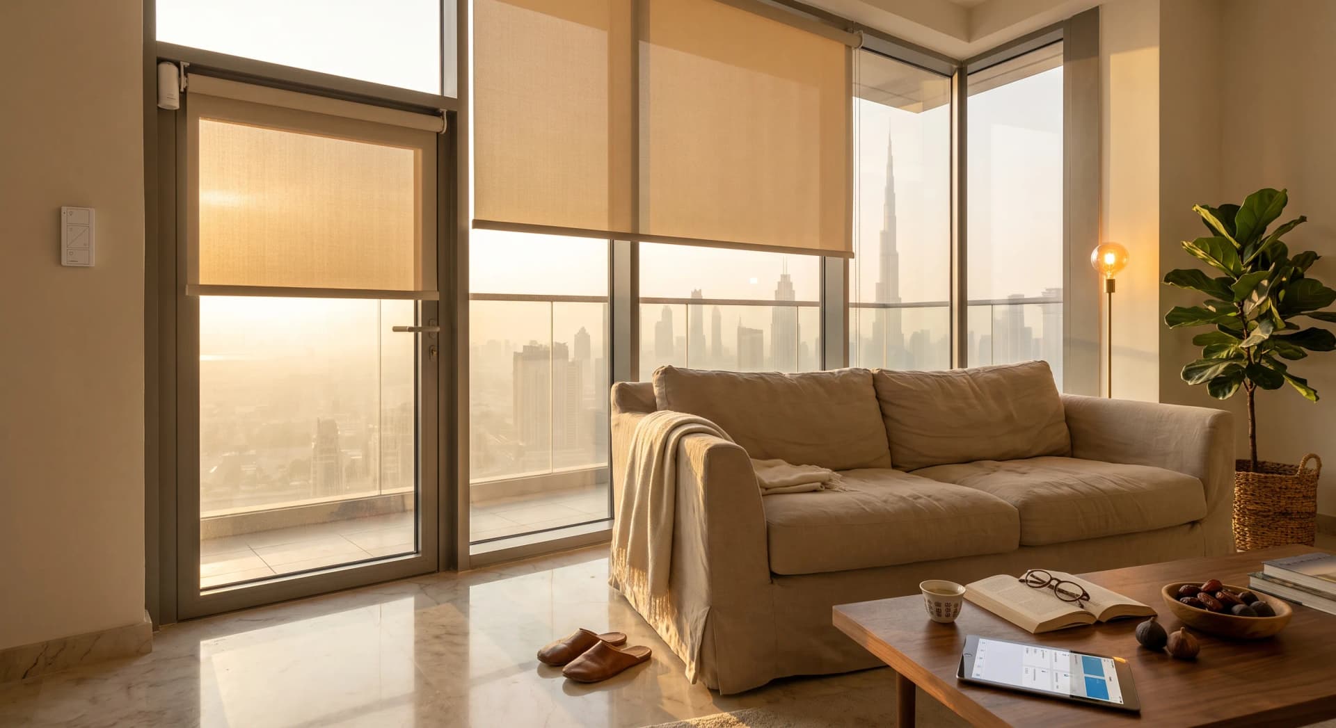 A Dubai apartment living room at golden hour with a motorized roller blind half-drawn over floor-to-ceiling windows, the battery motor visible at the top of the tube
