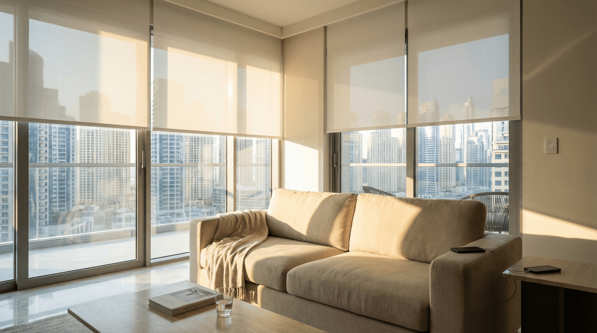A modern Dubai apartment living room with motorized roller blinds partially closed against afternoon sun, floor-to-ceiling windows showing marina views