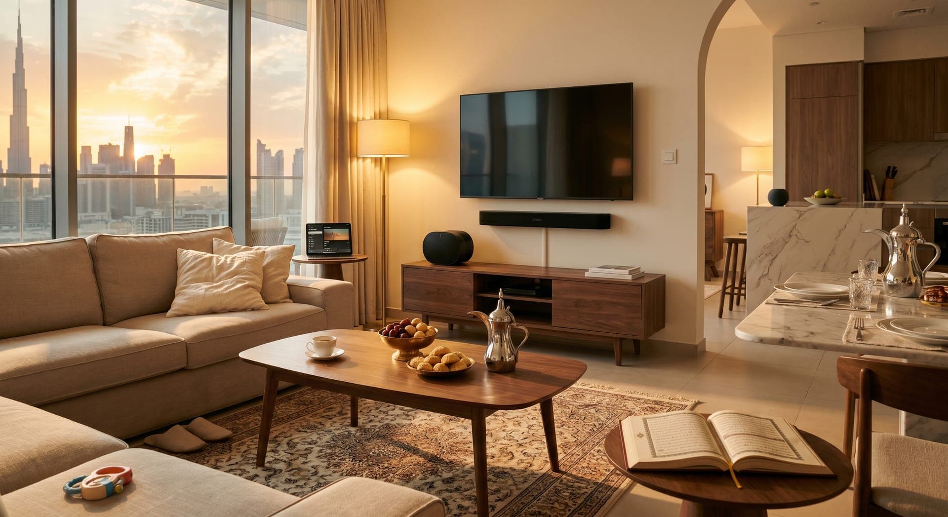 Modern Dubai apartment majlis at golden hour with a Sonos Era 100 on a marble console, a Sonos Beam under the wall-mounted TV, and a HomePod mini on the kitchen counter, set up for Eid Al Adha guests