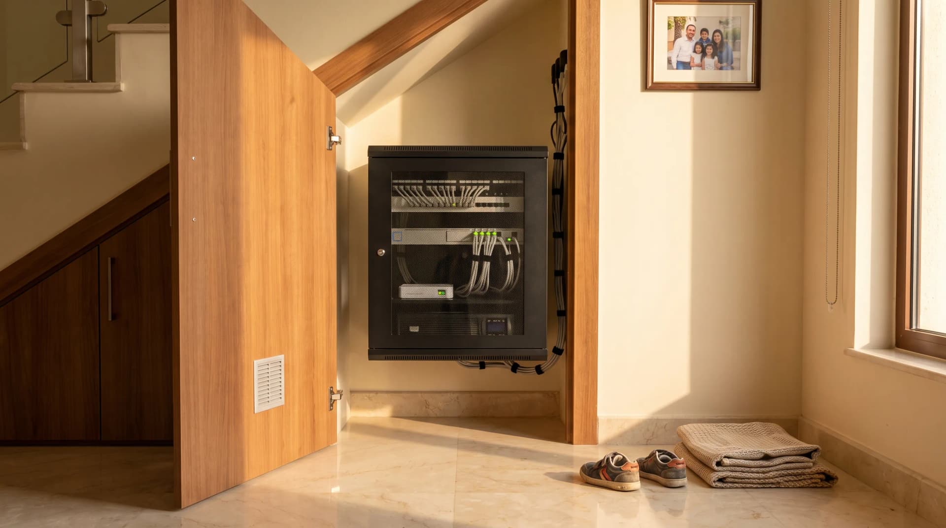 An open utility cupboard in a Dubai villa holding a wall-mounted network cabinet with a patch panel, a PoE switch and a small UPS, in warm afternoon light