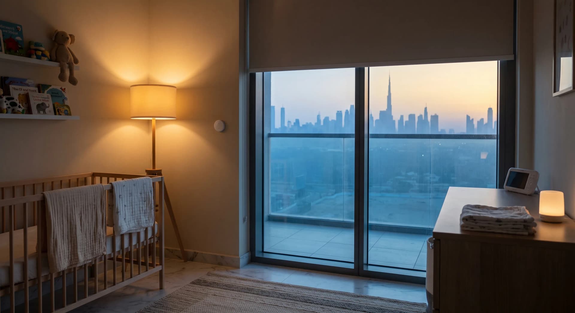 A lived-in Dubai apartment nursery at dusk, warm dim floor lamp glowing low, a cot with a light cotton swaddle, a small Aqara temperature and humidity sensor on the wall beside the window, a motorized roller blind three-quarters down over a floor-to-ceiling window with the skyline in soft evening light, a folded muslin cloth and a baby monitor on the dresser.