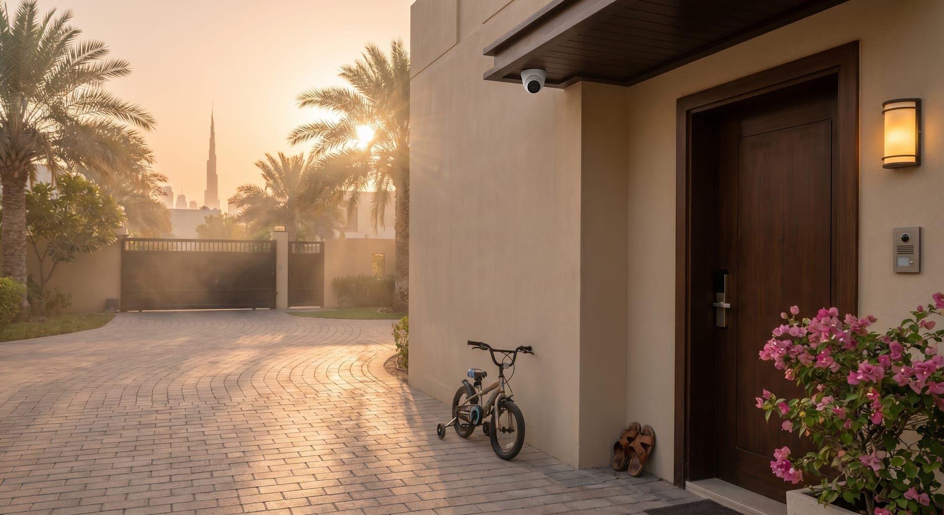 A Dubai villa entrance at golden hour with a small white outdoor camera mounted under the eaves above the gate, palm trees casting long shadows, a smart lock on the door, and a planter beside a pair of slip-on sandals