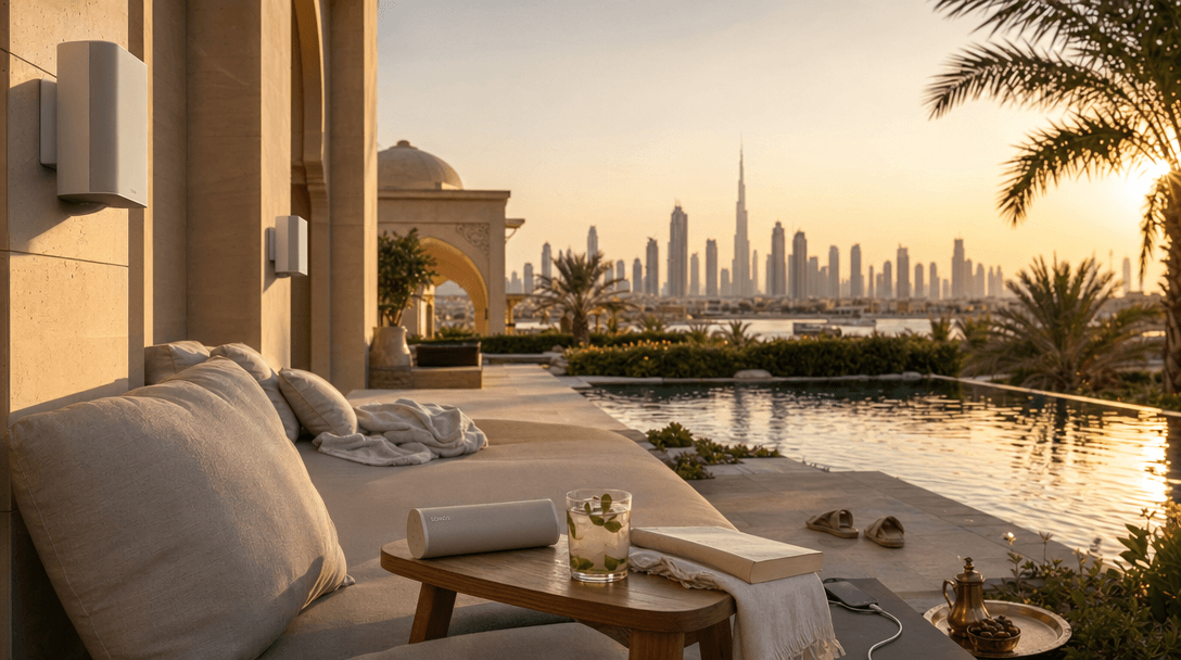 Dubai villa terrace at golden hour with a small pool, architectural outdoor speakers mounted on a beige stone wall, lounger with linen cushions, and Burj Khalifa skyline in the distance.